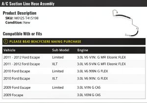 Ford Escape Air Conditioning Suction Hose Marketplace Auto Parts W0125-0