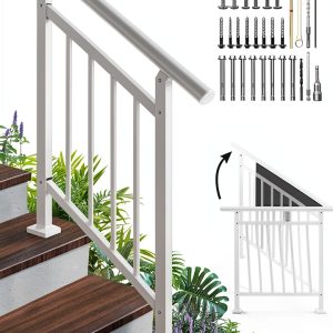 Adjustable Handrails for Outdoor Steps – White Metal Stair Railing with Installation Kit, 3 Steps Handrail or Horizontal Use, Wrought Iron Hand Rails for Outdoor Steps-0