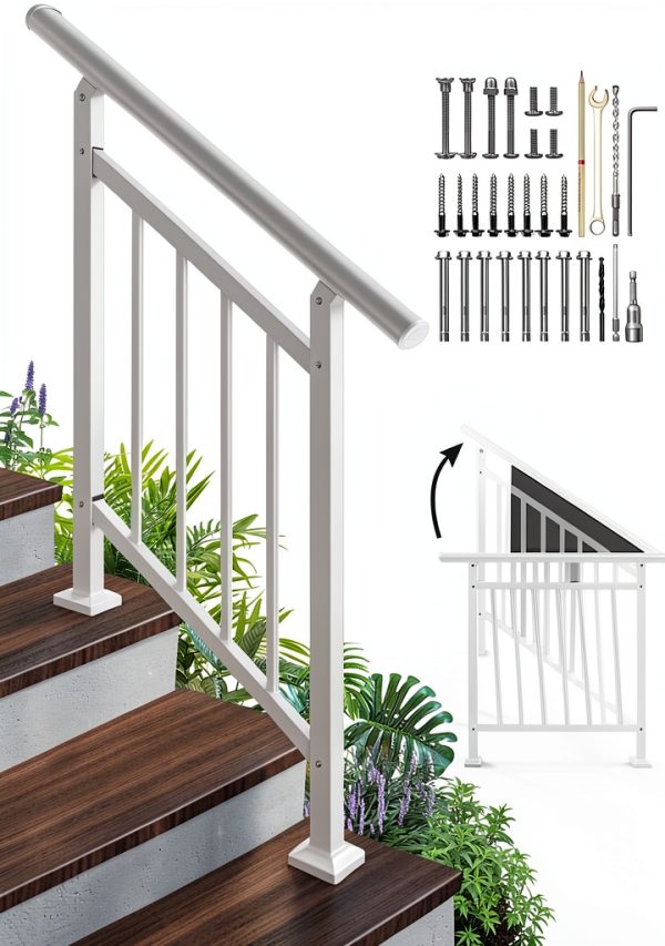 Adjustable Handrails for Outdoor Steps – White Metal Stair Railing with Installation Kit, 3 Steps Handrail or Horizontal Use, Wrought Iron Hand Rails for Outdoor Steps-0
