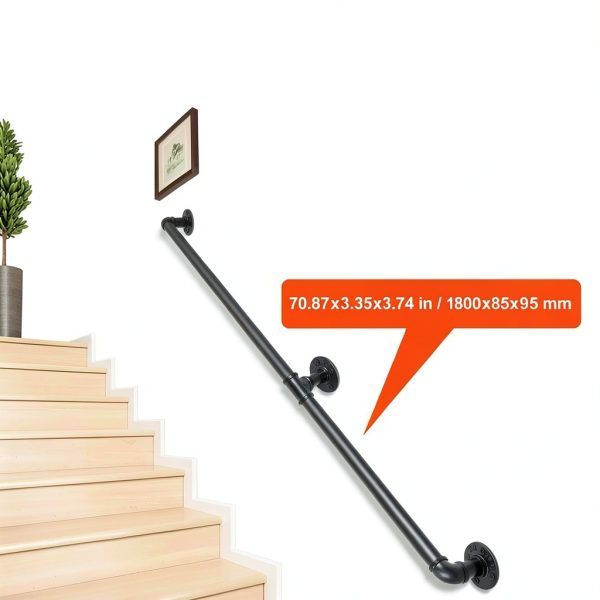 VEVOR Pipe Stair Handrail 6FT Industrial Steel with Wall Mount Support-3