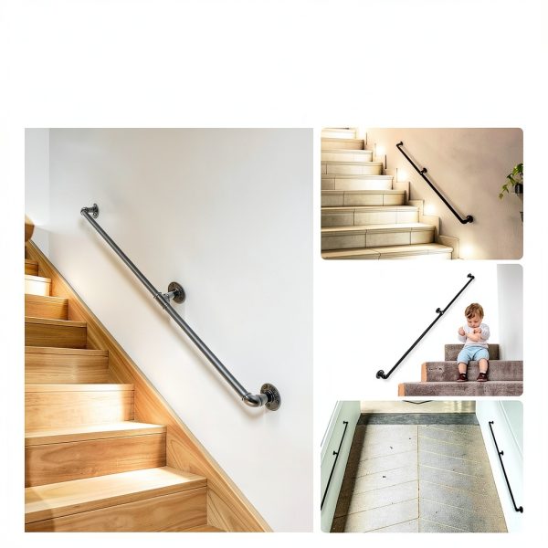 VEVOR Pipe Stair Handrail 6FT Industrial Steel with Wall Mount Support-5