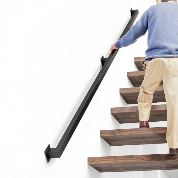 8FT Stair Railings Indoor, Black Iron Railings for Stairs, Industrial Handrail Wall Mounted, Hand Railing for Stairs Indoor 500lbs Load Capacity, Sturdy Stair Railing for Loft Porch Deck, 3 Sections-0